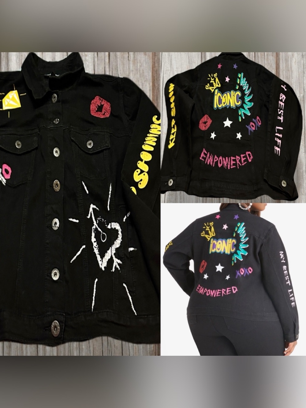 Ashley Stewart Black Graphic 'Iconic Empowered' Denim Jacket 18-20